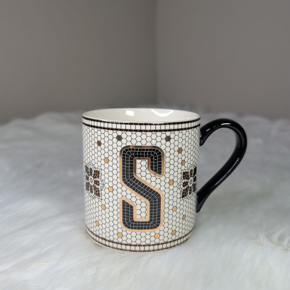 Anthropologie Mug Cup Margot Gold Tile Mosaic Monogram Letter S Honeycomb 15 oz
